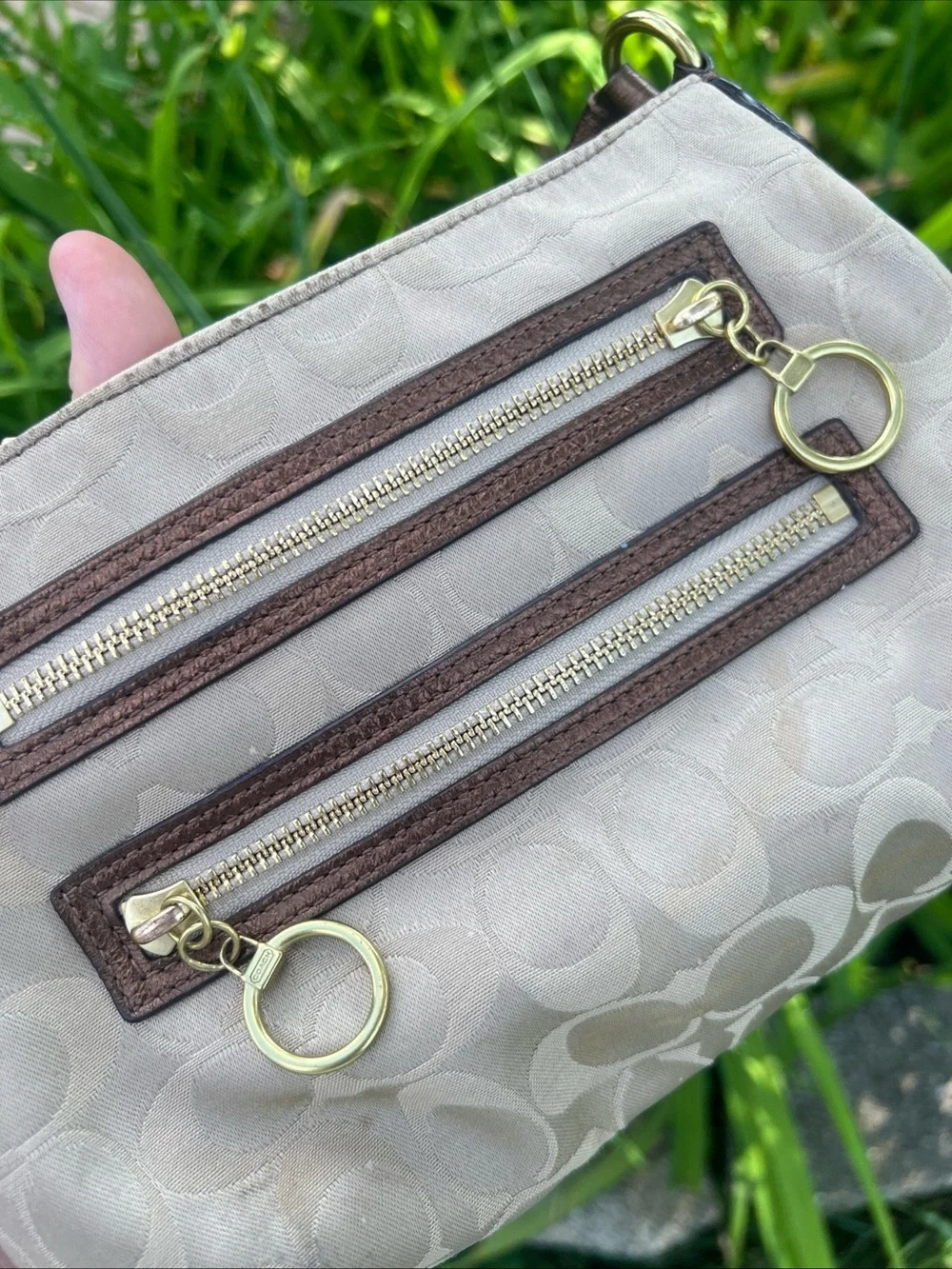 Coach Beige and Brown Signature Mini Shoulder Bag with Gold Hardware